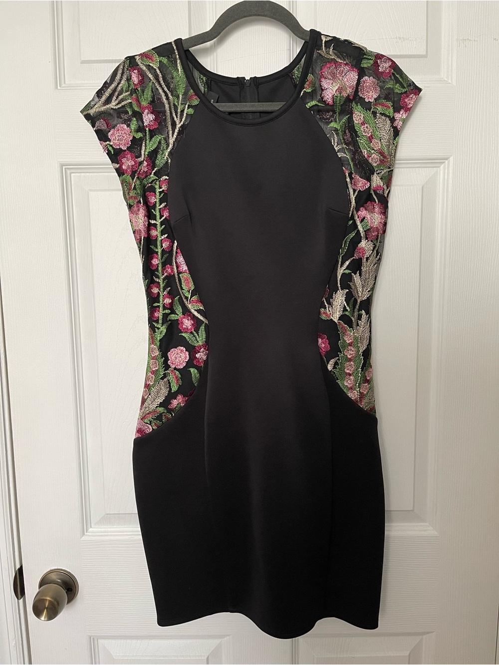 BCX Black Mini Dress with Pink Floral Embroidery
